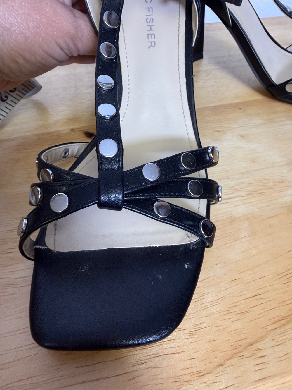 Marc Fisher Black Studded T-Strap Block Heels - Picture 6 of 8